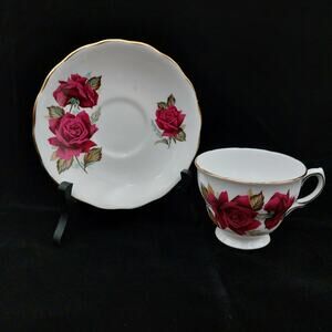 Vintage Royal Vale Teacup Saucer Set Red Rose Bone China Gold Trim England Fine